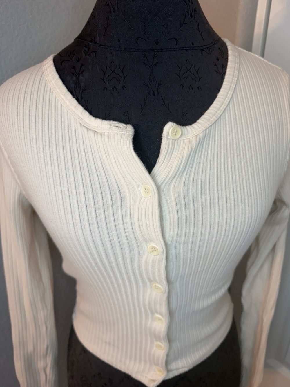 Reformation Ribbed Button-Front Knit Top — Cream - Picture 3 of 8